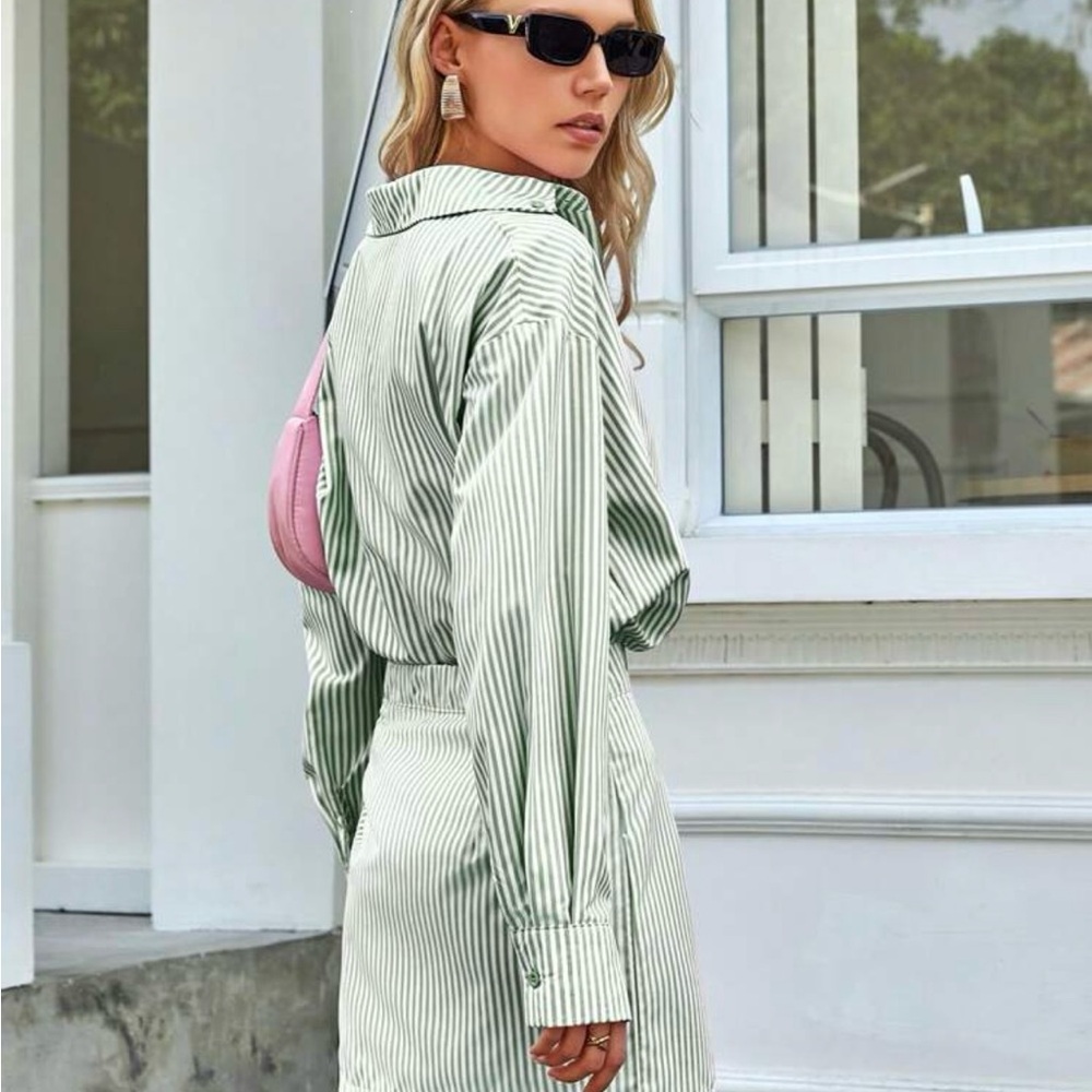 Striped green Button down shirt and White Shirt set